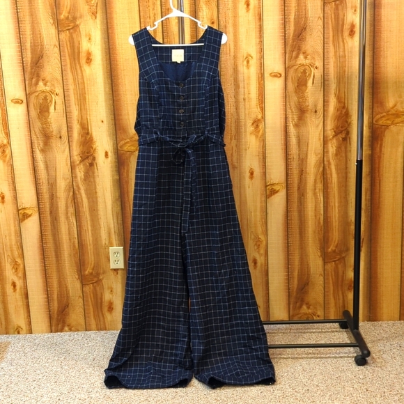 Modcloth Buttoned Tailored Blue Plaid Wide Leg Jumpsuit Size 3X Princess Seams - Picture 1 of 8